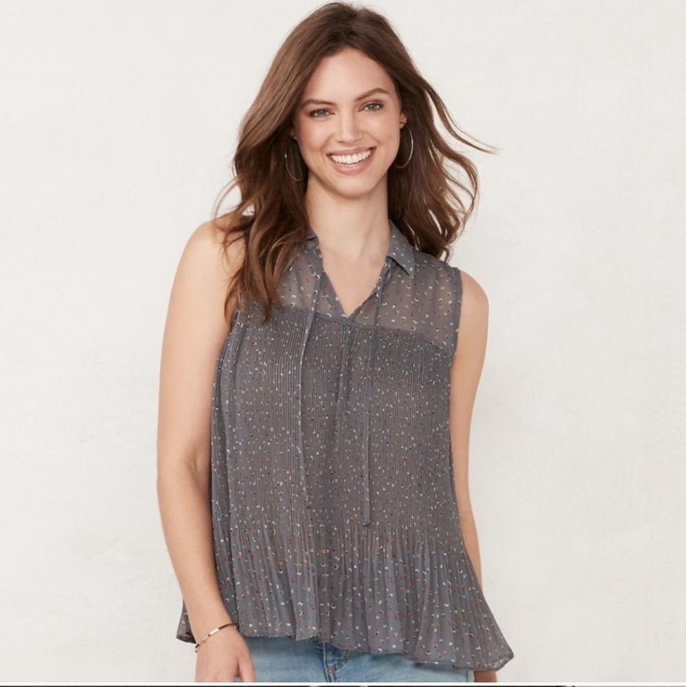 LC Lauren Conrad Lady Bug Grey Sleeveless Blouse Top
